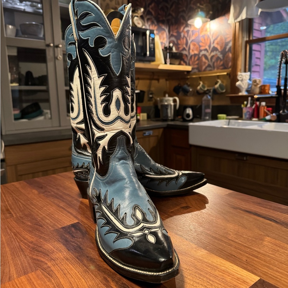 Lucchese double eagle custom handmade Black, Blue & White Western Cowboy Boots - Picture 4 of 6